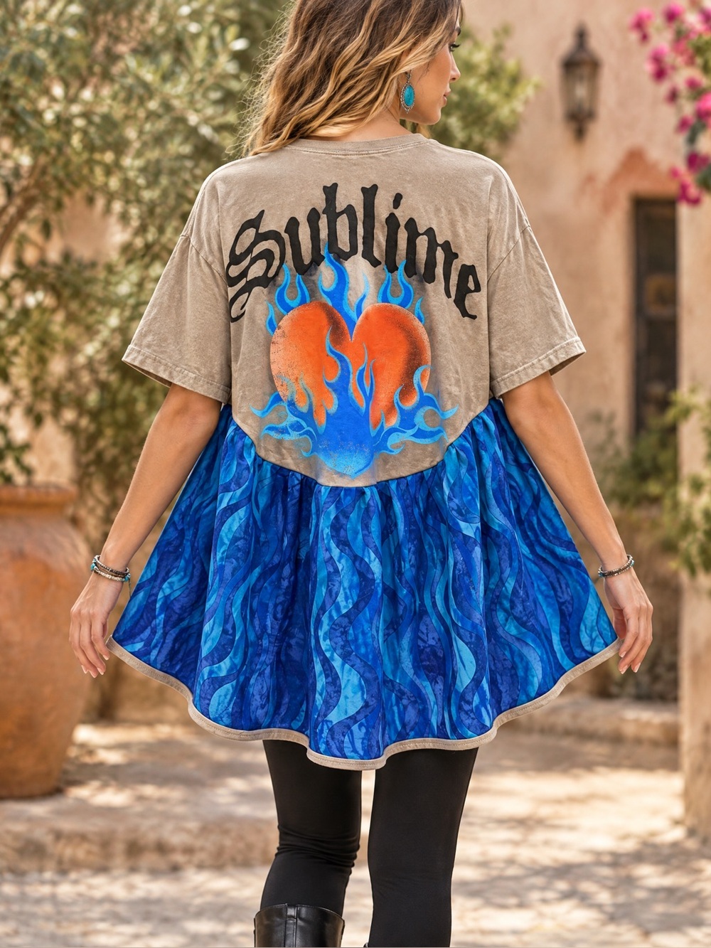 SUBLIME Beige Boho Blue Batik Voluminous Ruffle OOAK hippie Tshirt tunic